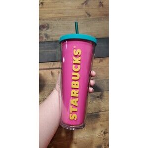 Starbucks Summer 2014 Neon Pink Yellow & Teal lid Venti 24 oz Cold Cup Tumbler
